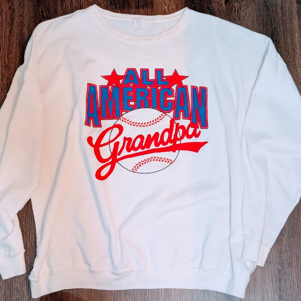 Vintage Sweatshirt All American Grandpa Baseball Adult L White Made USA
